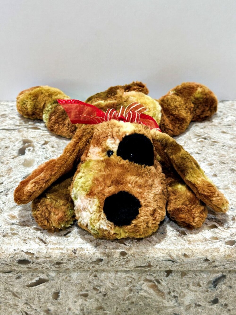 Vintage Walmart Dog Plush 15" Mottled Brown Lying Down Puppy Floppy Rose Bow Y2K